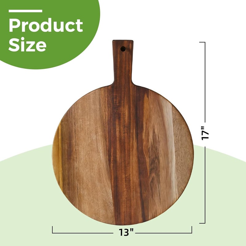 S310 Acacia Wood Round Cutting Board with Handle, Wooden Chopping Board for Meat, Cheese, Bread & Vegetables, Decorative Charcuterie Serving Board for Kitchen Cooking, Pizza & Party Dining, 17"x13" - Image 3